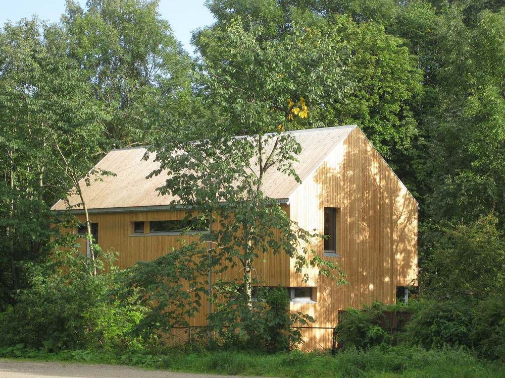 A compact wood-clad passive house among trees in Oslo
